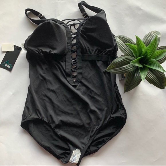 Aqua Green Black Strappy One Piece Swimsuit - Picture 6 of 9